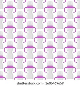 Illustration on theme colored kit baby milk in clear bottle with rubber pacifier. Baby milk bottle consisting of collection to newborn, good pacifier. Pacifier in milk bottle it baby care equipment.