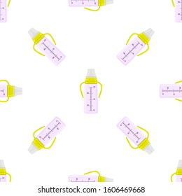 Illustration on theme colored kit baby milk in clear bottle with rubber pacifier. Baby milk bottle consisting of collection to newborn, good pacifier. Pacifier in milk bottle it baby care equipment.