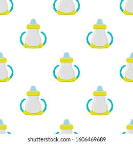Illustration on theme colored kit baby milk in clear bottle with rubber pacifier. Baby milk bottle consisting of collection to newborn, good pacifier. Pacifier in milk bottle it baby care equipment.