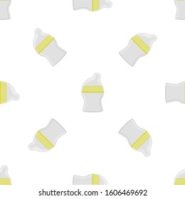 Illustration on theme colored kit baby milk in clear bottle with rubber pacifier. Baby milk bottle consisting of collection to newborn, good pacifier. Pacifier in milk bottle it baby care equipment.