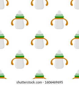 Illustration on theme colored kit baby milk in clear bottle with rubber pacifier. Baby milk bottle consisting of collection to newborn, good pacifier. Pacifier in milk bottle it baby care equipment.