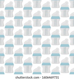 Illustration on theme colored kit baby milk in clear bottle with rubber pacifier. Baby milk bottle consisting of collection to newborn, good pacifier. Pacifier in milk bottle it baby care equipment.