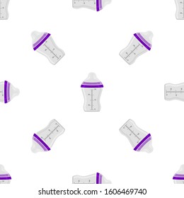 Illustration on theme colored kit baby milk in clear bottle with rubber pacifier. Baby milk bottle consisting of collection to newborn, good pacifier. Pacifier in milk bottle it baby care equipment.