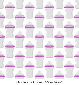 Illustration on theme colored kit baby milk in clear bottle with rubber pacifier. Baby milk bottle consisting of collection to newborn, good pacifier. Pacifier in milk bottle it baby care equipment.