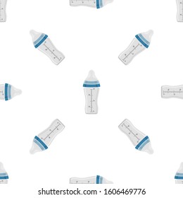Illustration on theme colored kit baby milk in clear bottle with rubber pacifier. Baby milk bottle consisting of collection to newborn, good pacifier. Pacifier in milk bottle it baby care equipment.