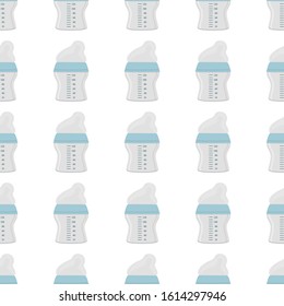 Illustration on theme colored kit baby milk in clear bottle with rubber pacifier. Baby milk bottle consisting of collection to newborn, good pacifier. Pacifier in milk bottle it baby care equipment.