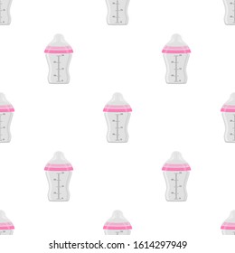Illustration on theme colored kit baby milk in clear bottle with rubber pacifier. Baby milk bottle consisting of collection to newborn, good pacifier. Pacifier in milk bottle it baby care equipment.
