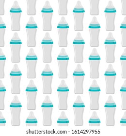 Illustration on theme colored kit baby milk in clear bottle with rubber pacifier. Baby milk bottle consisting of collection to newborn, good pacifier. Pacifier in milk bottle it baby care equipment.