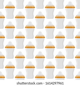 Illustration on theme colored kit baby milk in clear bottle with rubber pacifier. Baby milk bottle consisting of collection to newborn, good pacifier. Pacifier in milk bottle it baby care equipment.
