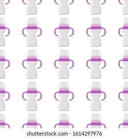 Illustration on theme colored kit baby milk in clear bottle with rubber pacifier. Baby milk bottle consisting of collection to newborn, good pacifier. Pacifier in milk bottle it baby care equipment.