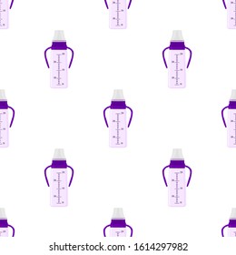 Illustration on theme colored kit baby milk in clear bottle with rubber pacifier. Baby milk bottle consisting of collection to newborn, good pacifier. Pacifier in milk bottle it baby care equipment.