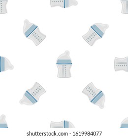 Illustration on theme colored kit baby milk in clear bottle with rubber pacifier. Baby milk bottle consisting of collection to newborn, good pacifier. Pacifier in milk bottle it baby care equipment.