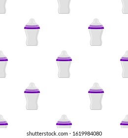 Illustration on theme colored kit baby milk in clear bottle with rubber pacifier. Baby milk bottle consisting of collection to newborn, good pacifier. Pacifier in milk bottle it baby care equipment.