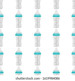 Illustration on theme colored kit baby milk in clear bottle with rubber pacifier. Baby milk bottle consisting of collection to newborn, good pacifier. Pacifier in milk bottle it baby care equipment.