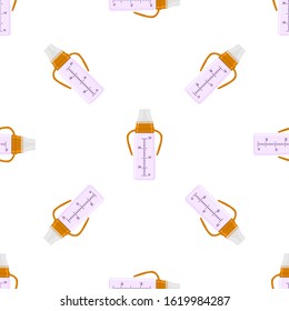 Illustration on theme colored kit baby milk in clear bottle with rubber pacifier. Baby milk bottle consisting of collection to newborn, good pacifier. Pacifier in milk bottle it baby care equipment.