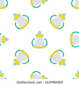 Illustration on theme colored kit baby milk in clear bottle with rubber pacifier. Baby milk bottle consisting of collection to newborn, good pacifier. Pacifier in milk bottle it baby care equipment.