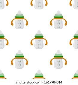 Illustration on theme colored kit baby milk in clear bottle with rubber pacifier. Baby milk bottle consisting of collection to newborn, good pacifier. Pacifier in milk bottle it baby care equipment.