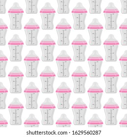 Illustration on theme colored kit baby milk in clear bottle with rubber pacifier. Baby milk bottle consisting of collection to newborn, good pacifier. Pacifier in milk bottle it baby care equipment.