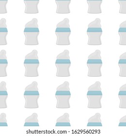Illustration on theme colored kit baby milk in clear bottle with rubber pacifier. Baby milk bottle consisting of collection to newborn, good pacifier. Pacifier in milk bottle it baby care equipment.