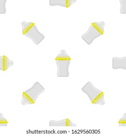 Illustration on theme colored kit baby milk in clear bottle with rubber pacifier. Baby milk bottle consisting of collection to newborn, good pacifier. Pacifier in milk bottle it baby care equipment.