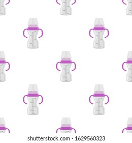 Illustration on theme colored kit baby milk in clear bottle with rubber pacifier. Baby milk bottle consisting of collection to newborn, good pacifier. Pacifier in milk bottle it baby care equipment.