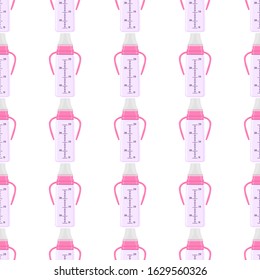 Illustration on theme colored kit baby milk in clear bottle with rubber pacifier. Baby milk bottle consisting of collection to newborn, good pacifier. Pacifier in milk bottle it baby care equipment.