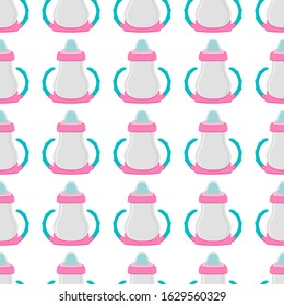 Illustration on theme colored kit baby milk in clear bottle with rubber pacifier. Baby milk bottle consisting of collection to newborn, good pacifier. Pacifier in milk bottle it baby care equipment.
