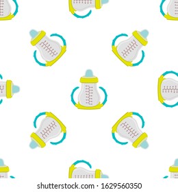 Illustration on theme colored kit baby milk in clear bottle with rubber pacifier. Baby milk bottle consisting of collection to newborn, good pacifier. Pacifier in milk bottle it baby care equipment.