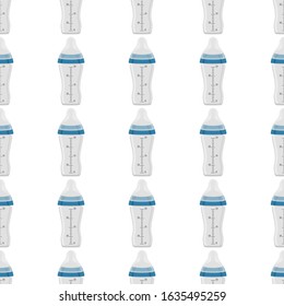 Illustration on theme colored kit baby milk in clear bottle with rubber pacifier. Baby milk bottle consisting of collection for newborn, good pacifier. Pacifier in milk bottle for baby care equipment.