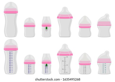 Illustration on theme colored kit baby milk in clear bottle with rubber pacifier. Baby milk bottle consisting of collection for newborn, good pacifier. Pacifier in milk bottle for baby care equipment.
