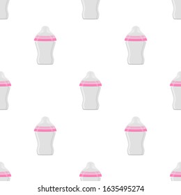 Illustration on theme colored kit baby milk in clear bottle with rubber pacifier. Baby milk bottle consisting of collection for newborn, good pacifier. Pacifier in milk bottle for baby care equipment.