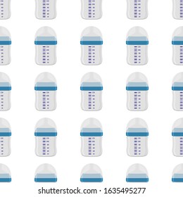 Illustration on theme colored kit baby milk in clear bottle with rubber pacifier. Baby milk bottle consisting of collection for newborn, good pacifier. Pacifier in milk bottle for baby care equipment.