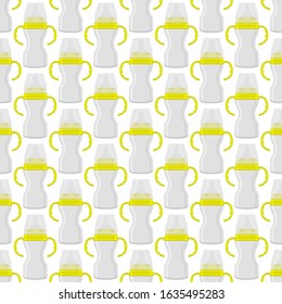 Illustration on theme colored kit baby milk in clear bottle with rubber pacifier. Baby milk bottle consisting of collection for newborn, good pacifier. Pacifier in milk bottle for baby care equipment.