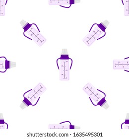 Illustration on theme colored kit baby milk in clear bottle with rubber pacifier. Baby milk bottle consisting of collection for newborn, good pacifier. Pacifier in milk bottle for baby care equipment.