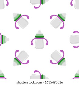 Illustration on theme colored kit baby milk in clear bottle with rubber pacifier. Baby milk bottle consisting of collection for newborn, good pacifier. Pacifier in milk bottle for baby care equipment.