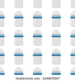 Ilustración sobre el kit de color tema leche para bebé en una botella transparente con un pacificador de goma. Botella de leche de bebé que consiste en recolección para recién nacidos, buen pacificador. Pacificador en botellas de leche, equipo de cuidado de bebé.