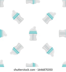 Illustration auf Thema bunte Kit Babymilch in klare Flasche mit Gummi-Pazifik. Babymilchflasche, bestehend aus der Sammlung bis zum Neugeborenen, guter Pazifik. Pazifischer in Milchflasche es Babypflegegerät.