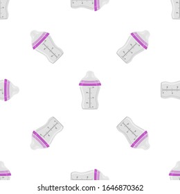 Ilustración sobre el kit de color tema leche para bebé en una botella transparente con un pacificador de goma. Botella de leche de bebé que consiste en recolección para recién nacidos, buen pacificador. Pacificador en botellas de leche, equipo de cuidado de bebé.