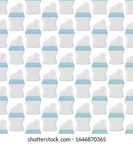 Illustration on theme colored kit baby milk in clear bottle with rubber pacifier. Baby milk bottle consisting of collection to newborn, good pacifier. Pacifier in milk bottle it baby care equipment.