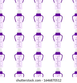 Ilustración sobre el kit de color tema leche para bebé en una botella transparente con un pacificador de goma. Botella de leche de bebé que consiste en recolección para recién nacidos, buen pacificador. Pacificador en botellas de leche, equipo de cuidado de bebé.