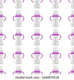 Illustration on theme colored kit baby milk in clear bottle with rubber pacifier. Baby milk bottle consisting of collection to newborn, good pacifier. Pacifier in milk bottle it baby care equipment.