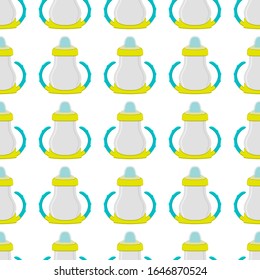 Ilustración sobre el kit de color tema leche para bebé en una botella transparente con un pacificador de goma. Botella de leche de bebé que consiste en recolección para recién nacidos, buen pacificador. Pacificador en botellas de leche, equipo de cuidado de bebé.
