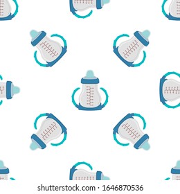 Illustration on theme colored kit baby milk in clear bottle with rubber pacifier. Baby milk bottle consisting of collection to newborn, good pacifier. Pacifier in milk bottle it baby care equipment.