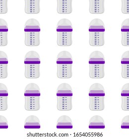 Illustration on theme colored kit baby milk in clear bottle with rubber pacifier. Baby milk bottle consisting of collection to newborn, good pacifier. Pacifier in milk bottle it baby care equipment.