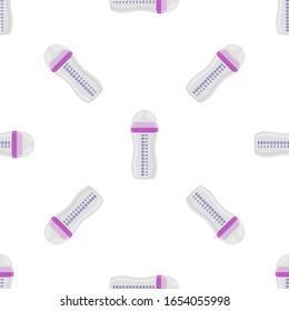 Illustration on theme colored kit baby milk in clear bottle with rubber pacifier. Baby milk bottle consisting of collection to newborn, good pacifier. Pacifier in milk bottle it baby care equipment.
