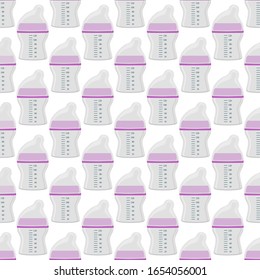 Illustration on theme colored kit baby milk in clear bottle with rubber pacifier. Baby milk bottle consisting of collection to newborn, good pacifier. Pacifier in milk bottle it baby care equipment.