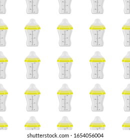 Ilustración sobre el kit de color tema leche para bebé en una botella transparente con un pacificador de goma. Botella de leche de bebé que consiste en recolección para recién nacidos, buen pacificador. Pacificador en botellas de leche, equipo de cuidado de bebé.