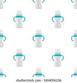 Ilustración sobre el kit de color tema leche para bebé en una botella transparente con un pacificador de goma. Botella de leche de bebé que consiste en recolección para recién nacidos, buen pacificador. Pacificador en botellas de leche, equipo de cuidado de bebé.