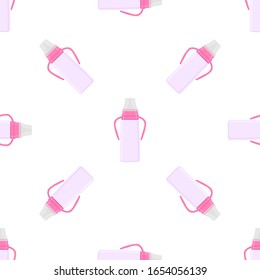 Ilustración sobre el kit de color tema leche para bebé en una botella transparente con un pacificador de goma. Botella de leche de bebé que consiste en recolección para recién nacidos, buen pacificador. Pacificador en botellas de leche, equipo de cuidado de bebé.