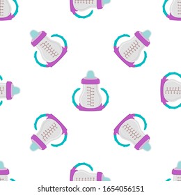 Illustration on theme colored kit baby milk in clear bottle with rubber pacifier. Baby milk bottle consisting of collection to newborn, good pacifier. Pacifier in milk bottle it baby care equipment.